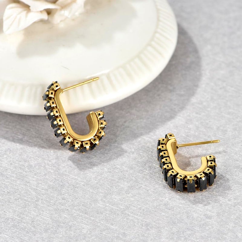 FRUMOS Earrings for Women Girls,14K Gold Plated Hoop Earrings with 925 Sterling Silver Post Cubic Zirconia Huggie | CZ Stud Earring (Black CZ C Shape Earrings) - Image 3