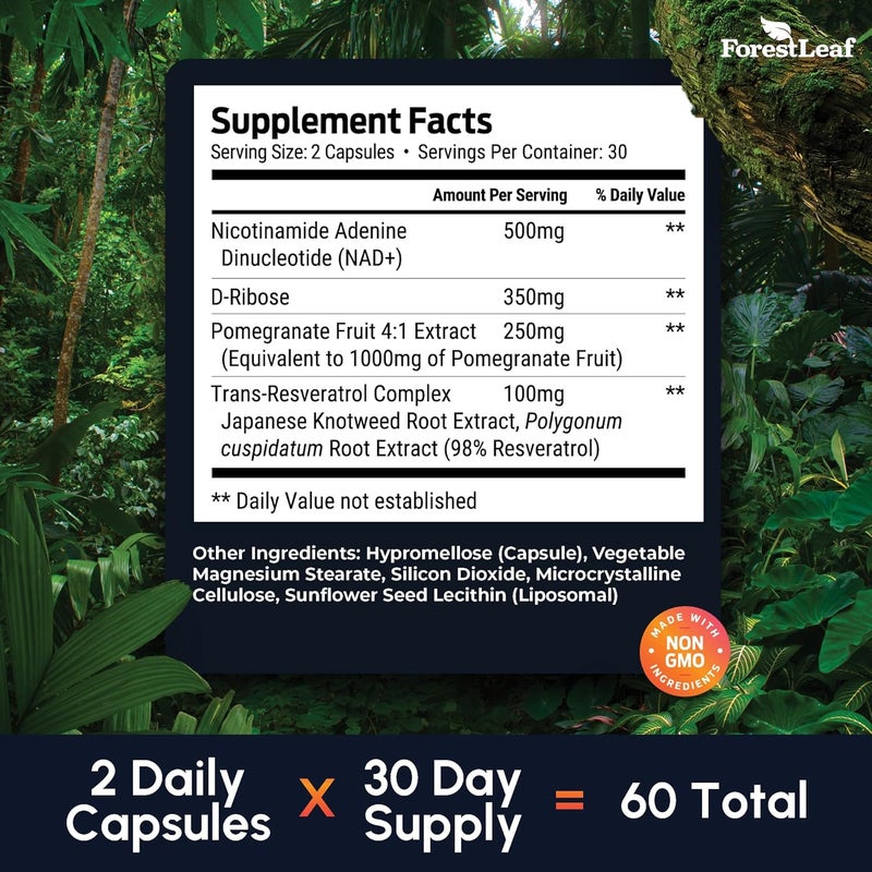 ForestLeaf مكمل NAD 1200 ملغ ليموزوم NAD ومكملات ريسفيراترول للنساء والرجال دعم امتصاص عالي للطاقة والتركيز من أجل شيخوخة صحية 60 كبسولة - Image 5