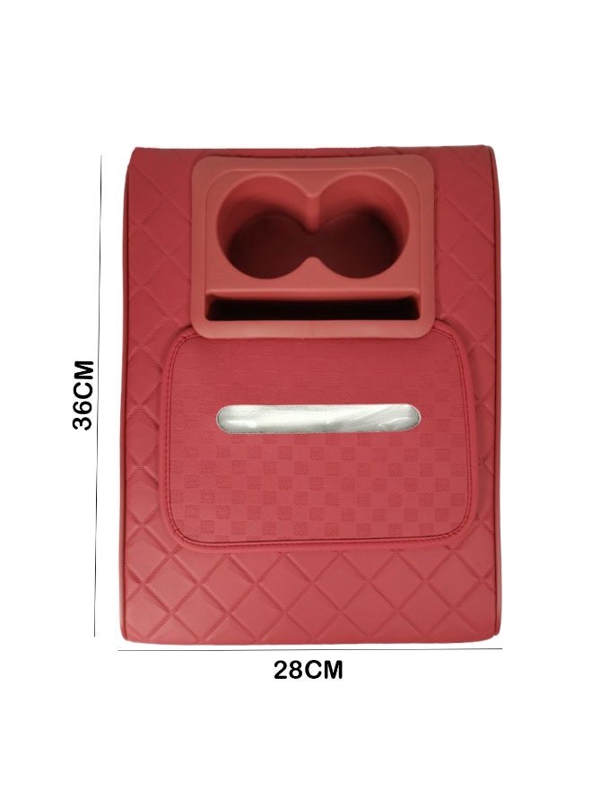 Agc Luxury Car Armrest with Cup Holder 36cm X 28cm – Universal Fit Center Console Cushion Pad, Long Lasting & Durable PU Leather, Waterproof, Breathable & Comfortable Support for Driver and Passenger - Red - Image 2