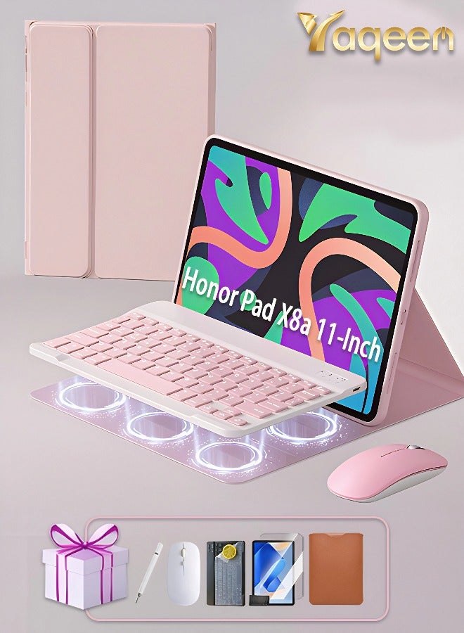Yaqeen X8a 11-Inch Keyboard Case, Detachable Bluetooth Keyboard Cover With Built-In Pen Slot, Anti-Fall Shockproof /Flip-Top Smart Wake-Up-Off/AED 89 Gift Set Screen Protector/ Keyboard Defender/Writing Pen/Leather Case-Pink - Image 1