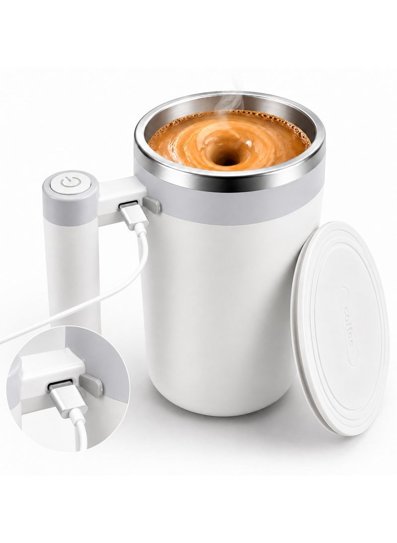 Mismo Rechargeable Self Stirring Mug 14oz (380ml) , Automatic Magnetic Mixing Cup with Lid, Stainless Steel Electric Coffee Mug for Coffee, Milk, Cocoa & Protein Shakes, Home & Office – White - Image 1