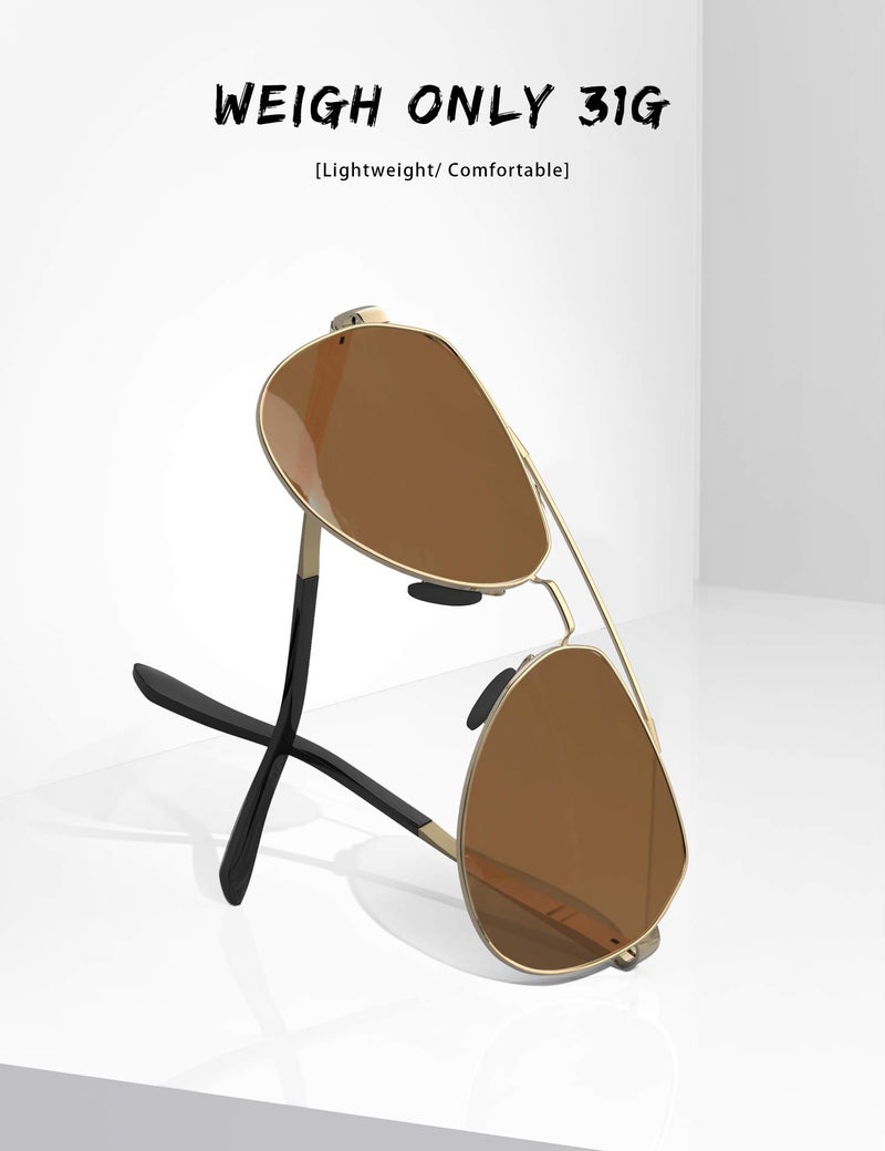 LUENX Men Women Aviator Sunglasses Polarized Shades Flexible Spring Hinge - Brown Lens Gold Metal Frame Large 60mm - Image 5