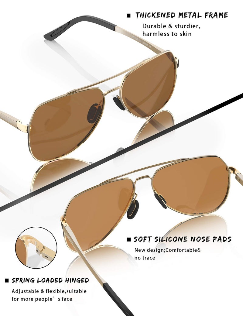 LUENX Men Women Aviator Sunglasses Polarized Shades Flexible Spring Hinge - Brown Lens Gold Metal Frame Large 60mm - Image 4