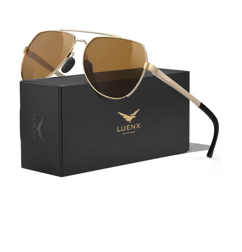 LUENX Men Women Aviator Sunglasses Polarized Shades Flexible Spring Hinge - Brown Lens Gold Metal Frame Large 60mm - Image 1