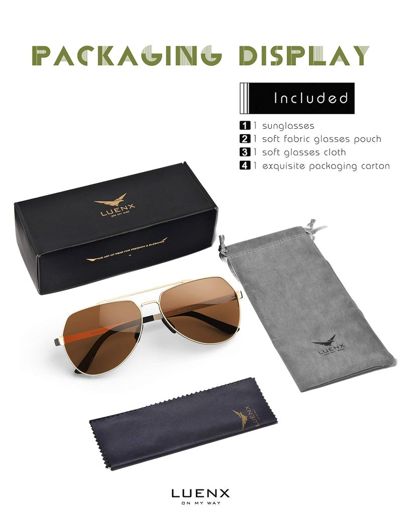 LUENX Men Women Aviator Sunglasses Polarized Shades Flexible Spring Hinge - Brown Lens Gold Metal Frame Large 60mm - Image 2