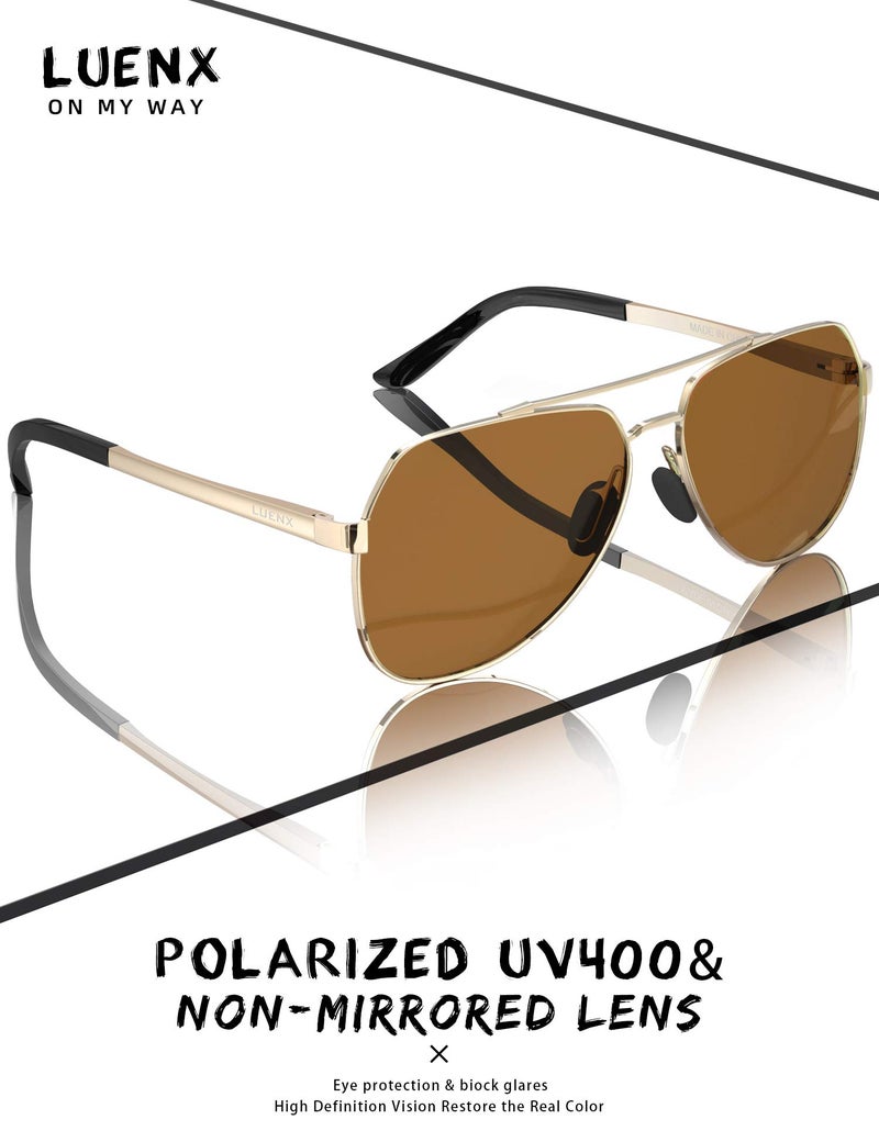LUENX Men Women Aviator Sunglasses Polarized Shades Flexible Spring Hinge - Brown Lens Gold Metal Frame Large 60mm - Image 3
