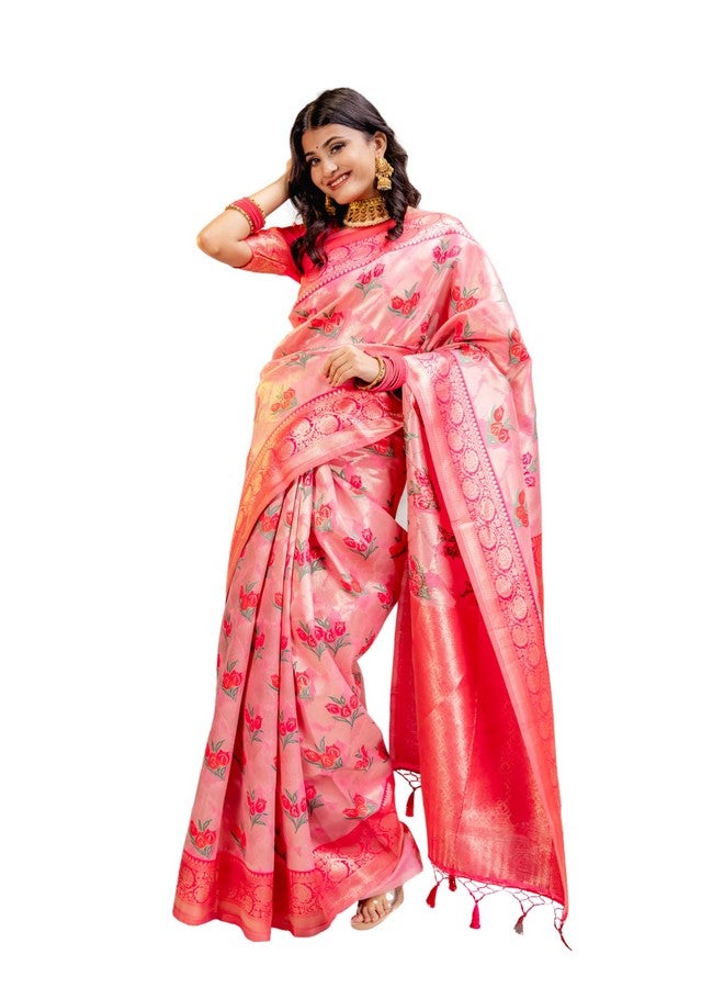 MIMOSA MIMOSA Women's Woven Design Banarasi Style Art Silk Saree With Blouse Piece : Sa00001606Pnkfree, Pink - Image 1