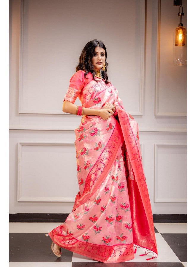 MIMOSA MIMOSA Women's Woven Design Banarasi Style Art Silk Saree With Blouse Piece : Sa00001606Pnkfree, Pink - Image 2