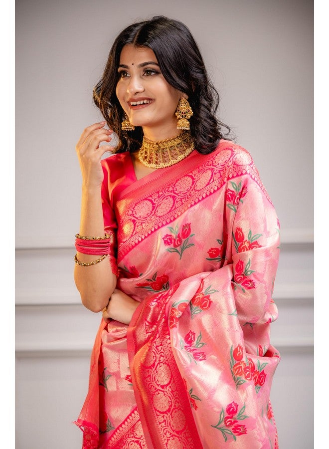 MIMOSA MIMOSA Women's Woven Design Banarasi Style Art Silk Saree With Blouse Piece : Sa00001606Pnkfree, Pink - Image 3