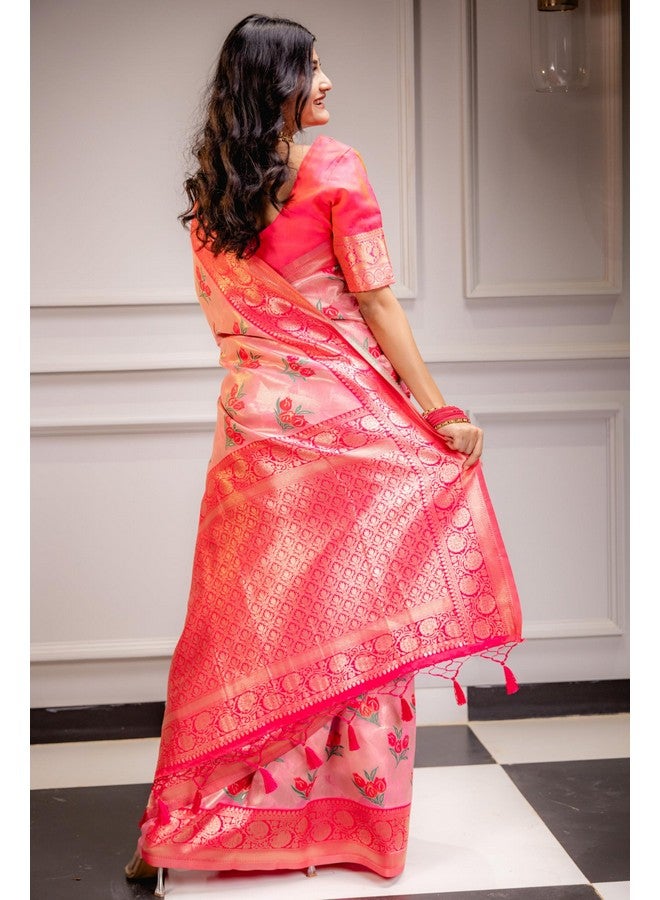 MIMOSA MIMOSA Women's Woven Design Banarasi Style Art Silk Saree With Blouse Piece : Sa00001606Pnkfree, Pink - Image 5