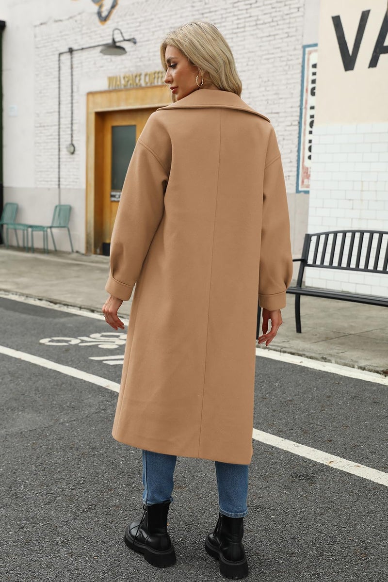 BZB Women's Long Coat Notched Lapel Collar Double Breasted Pea Coat Winter Elegant Wool Blend Over Coats Jackets - Image 3