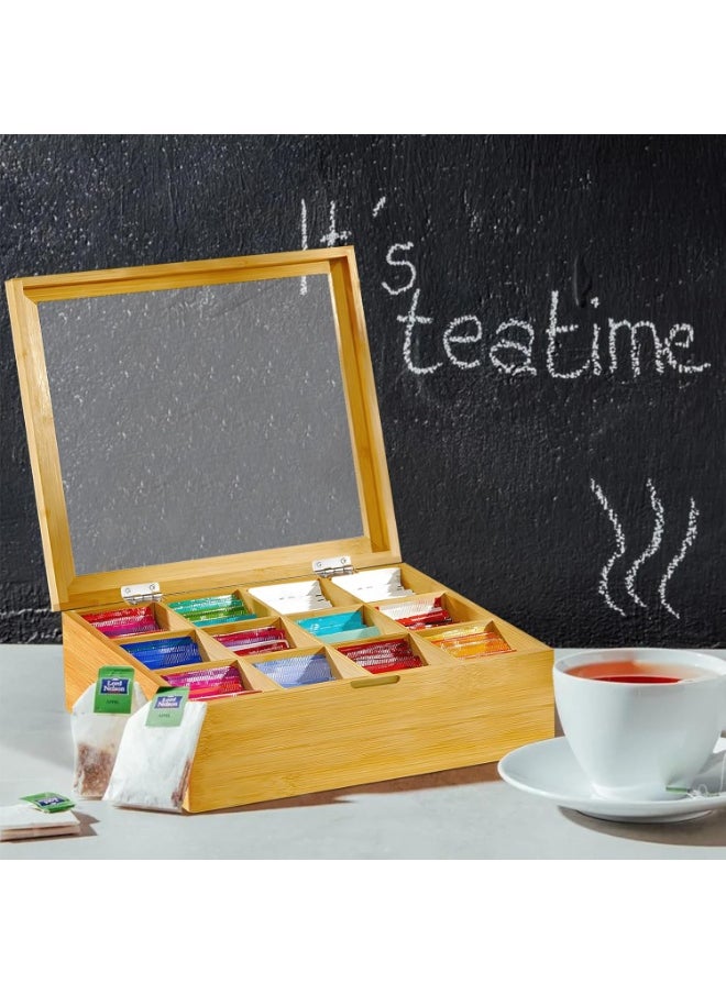 Generic - Wooden Tea Box Organizer with 12 Adjustable Compartments – Tea Storage Box with Transparent Viewing Window – 28 x 22.5 x 9 cm - Image 1