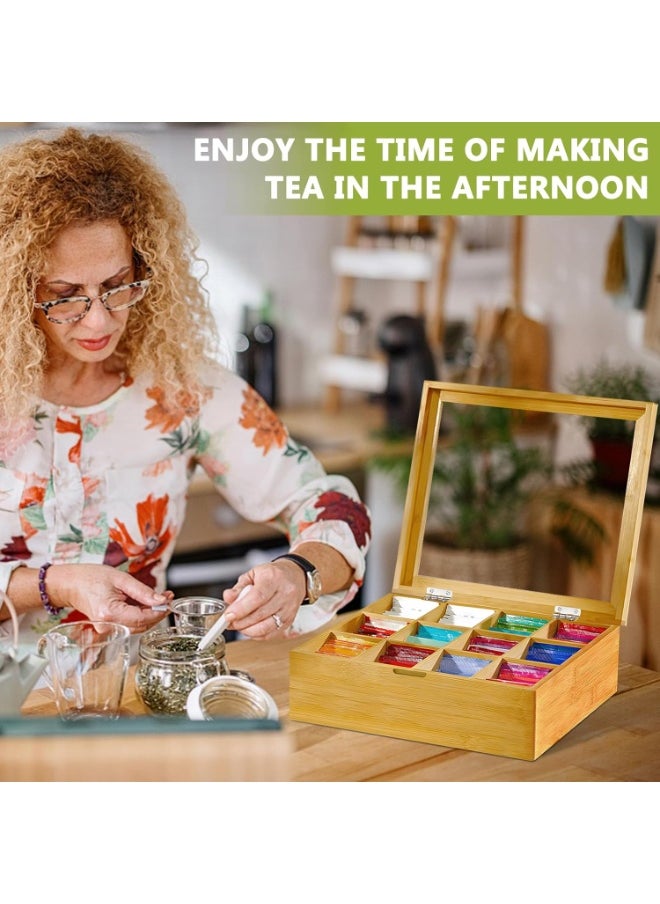 Generic - Wooden Tea Box Organizer with 12 Adjustable Compartments – Tea Storage Box with Transparent Viewing Window – 28 x 22.5 x 9 cm - Image 1