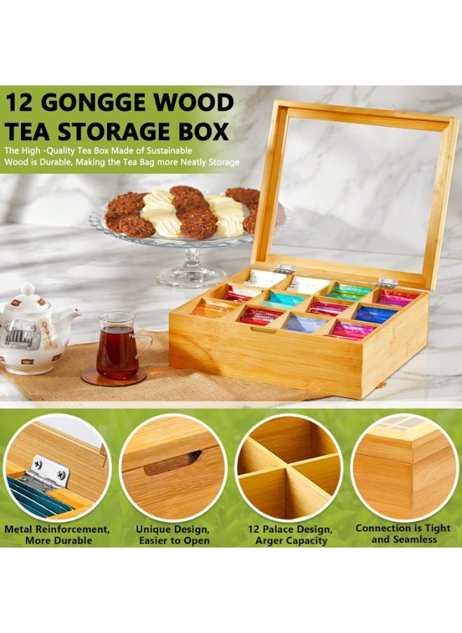 Generic - Wooden Tea Box Organizer with 12 Adjustable Compartments – Tea Storage Box with Transparent Viewing Window – 28 x 22.5 x 9 cm - Image 1