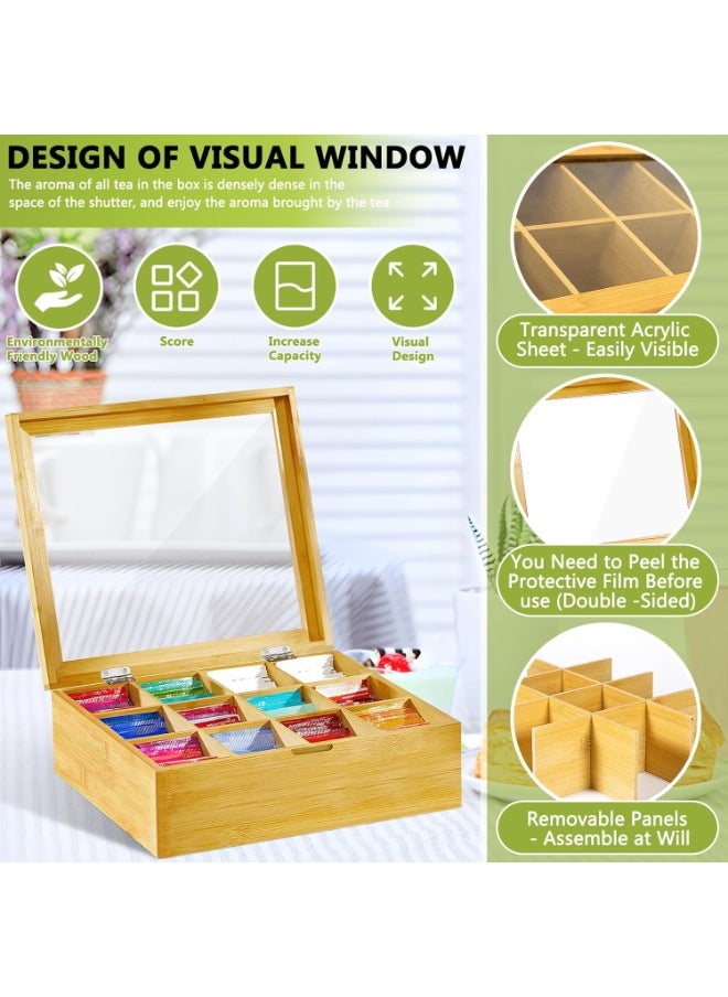 Generic - Wooden Tea Box Organizer with 12 Adjustable Compartments – Tea Storage Box with Transparent Viewing Window – 28 x 22.5 x 9 cm - Image 1