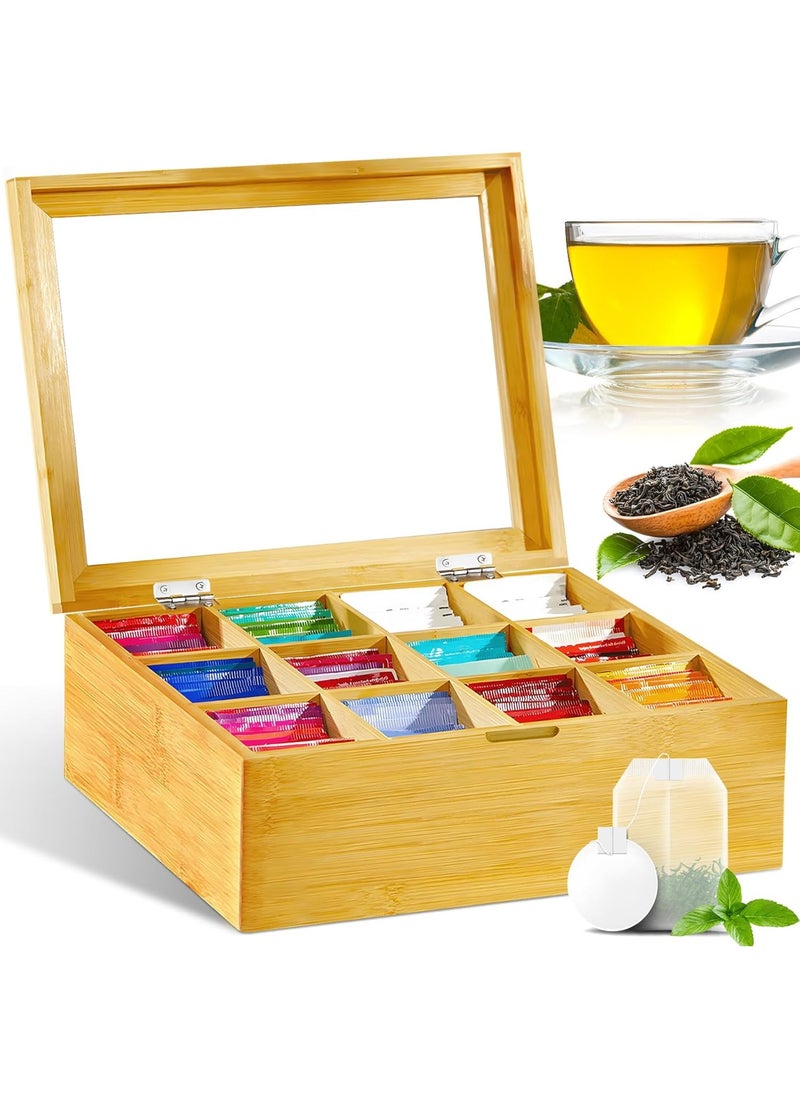 Generic - Wooden Tea Box Organizer with 12 Adjustable Compartments – Tea Storage Box with Transparent Viewing Window – 28 x 22.5 x 9 cm - Image 1