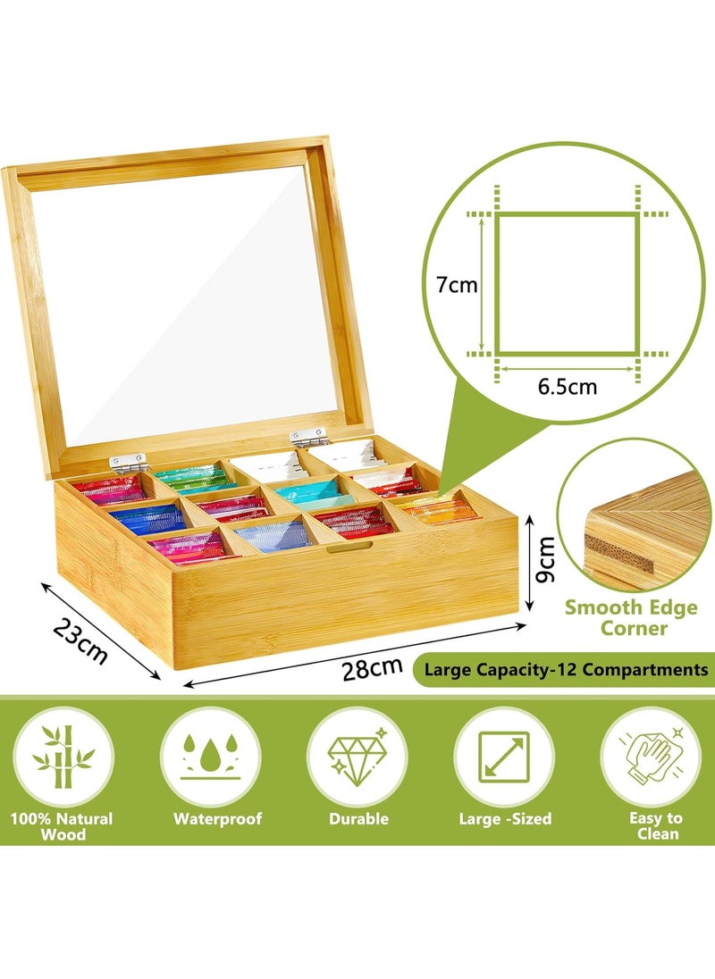 Generic - Wooden Tea Box Organizer with 12 Adjustable Compartments – Tea Storage Box with Transparent Viewing Window – 28 x 22.5 x 9 cm - Image 1