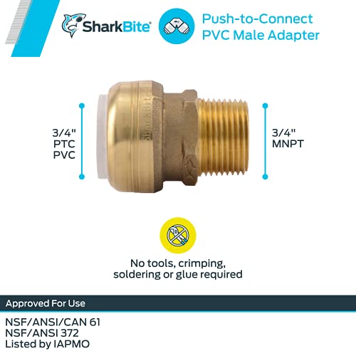 SharkBite 3/4 Inch PVC x 3/4 Inch MNPT Adapter, Push to Connect Brass Plumbing Fitting, PVC Pipe, UIP134A - Image 3