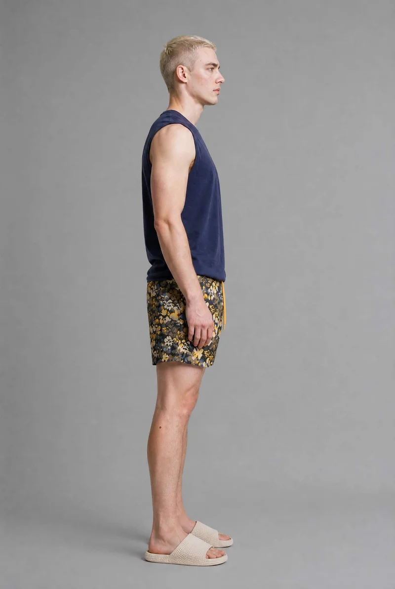Floral Print Yellow Long Swim Shorts