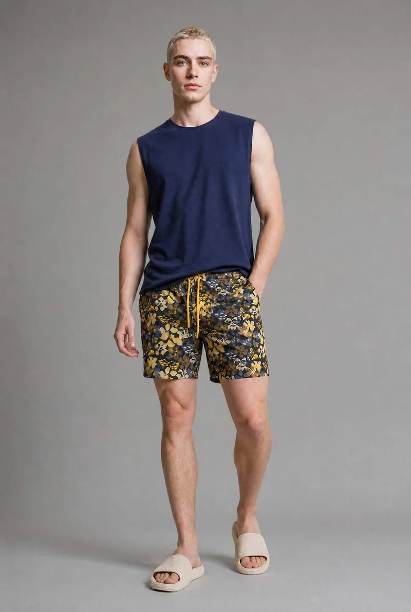 Defacto  Floral Print Yellow Long Swim Shorts for Men | Best Price UAE