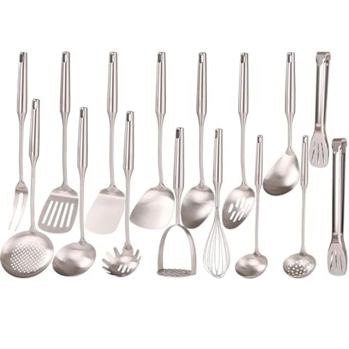 18/10 Stainless Steel Cooking Utensils Set - 16 PCS All Metal Small & Large Kitchen Spoons, Serving Utensils - Whisk, Masher, Fork, Tongs, Solid/Slotted Spoon, Spatula, Turner, Ladle, Skimmer, Pasta