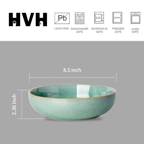 HVH 8.5 inch Large Pasta Bowls Set of 4, 46oz Big Salad Bowl Set of 4, Shallow Bowls, Dinner Bowls Set, Ceramic Bowls Set Microwave and Dishwasher Safe, Smooth glaze (Turquoise) - Image 4