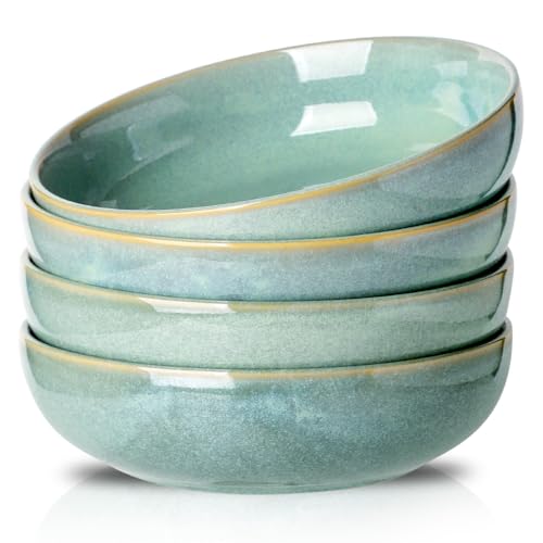 HVH 8.5 inch Large Pasta Bowls Set of 4, 46oz Big Salad Bowl Set of 4, Shallow Bowls, Dinner Bowls Set, Ceramic Bowls Set Microwave and Dishwasher Safe, Smooth glaze (Turquoise) - Image 1