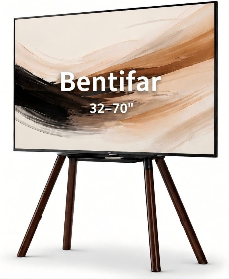 بنتيفار حامل تلفزيون أرضي من Bentifar على شكل حامل رسم لتلفزيونات 32-70 بوصة، حامل تلفزيون عالمي، أرجل ثلاثية القوائم من الخشب الحقيقي بلمسة جوز، قابل لتعديل الارتفاع، VESA 100x100–400x400، يدعم حتى 40 كجم، رف، مجموعة مضادة للانقلاب - Image 1