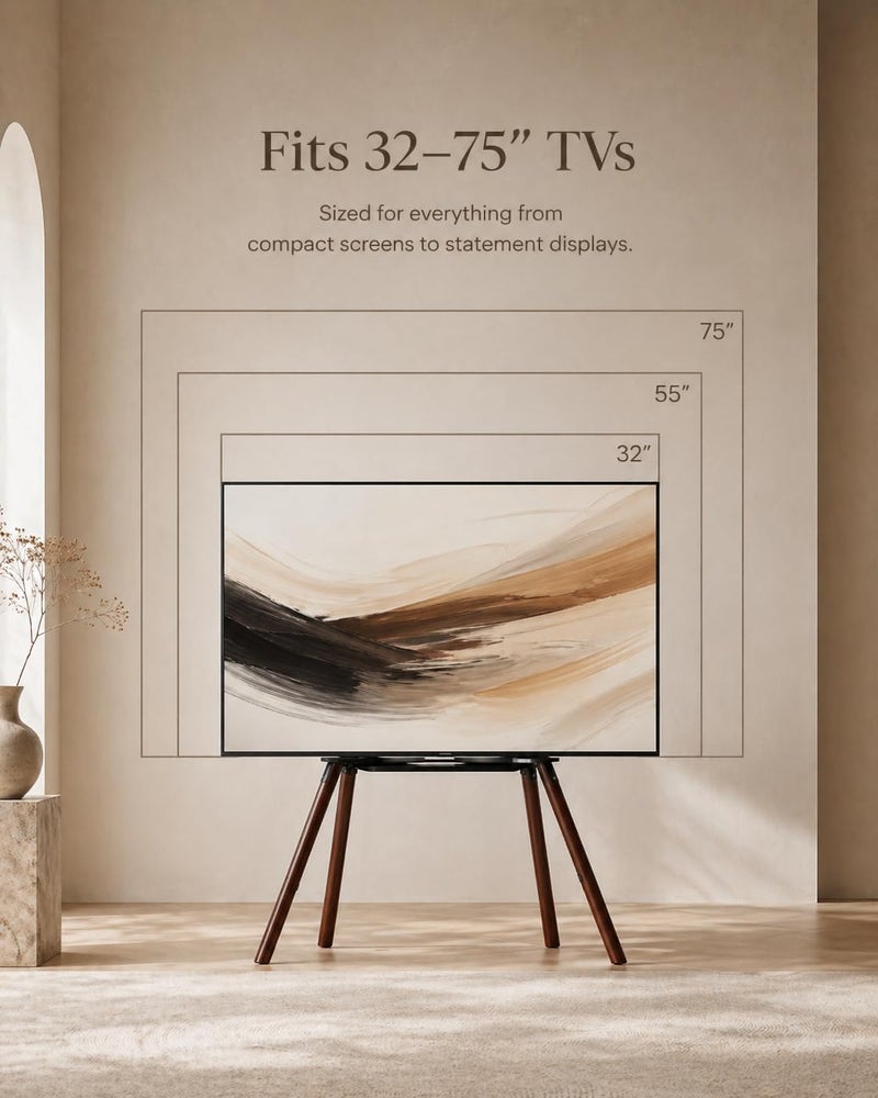 بنتيفار حامل تلفزيون أرضي من Bentifar على شكل حامل رسم لتلفزيونات 32-70 بوصة، حامل تلفزيون عالمي، أرجل ثلاثية القوائم من الخشب الحقيقي بلمسة جوز، قابل لتعديل الارتفاع، VESA 100x100–400x400، يدعم حتى 40 كجم، رف، مجموعة مضادة للانقلاب - Image 3