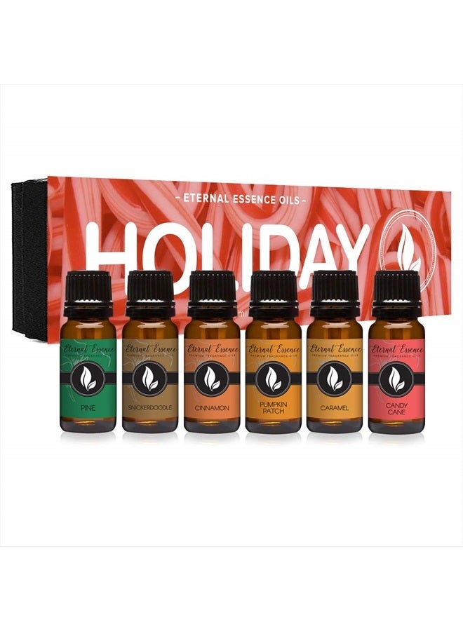 Eternal Essence Oils Holiday Fragrance Oil Gift Set - 6 Long Lasting Scents in 10mL Glass Bottles - Oils for Diffusers, Soap & Candle Making, Aromatherapy - Includes Candy Cane, Pumpkin Patch, & More  - Image 1