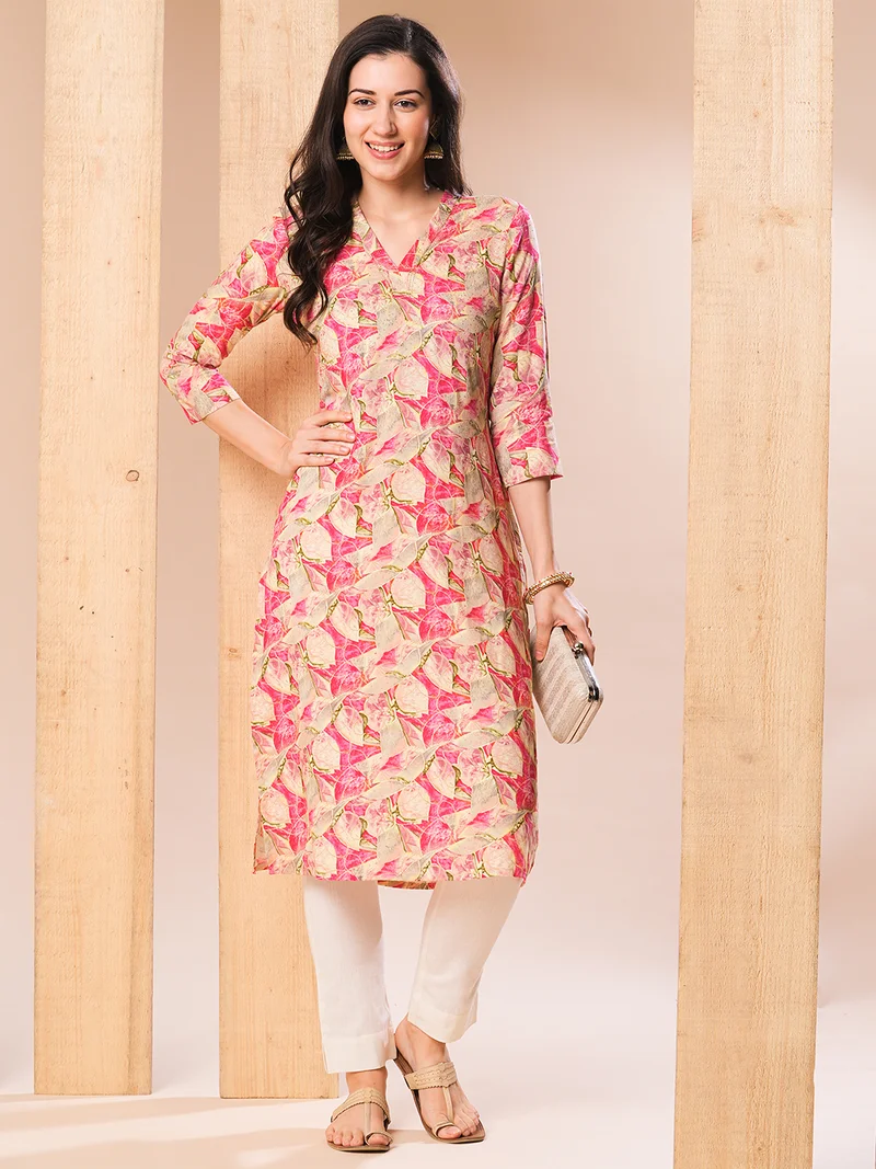 Women Pink Floral Printed Beads & Stones Straight Kurta