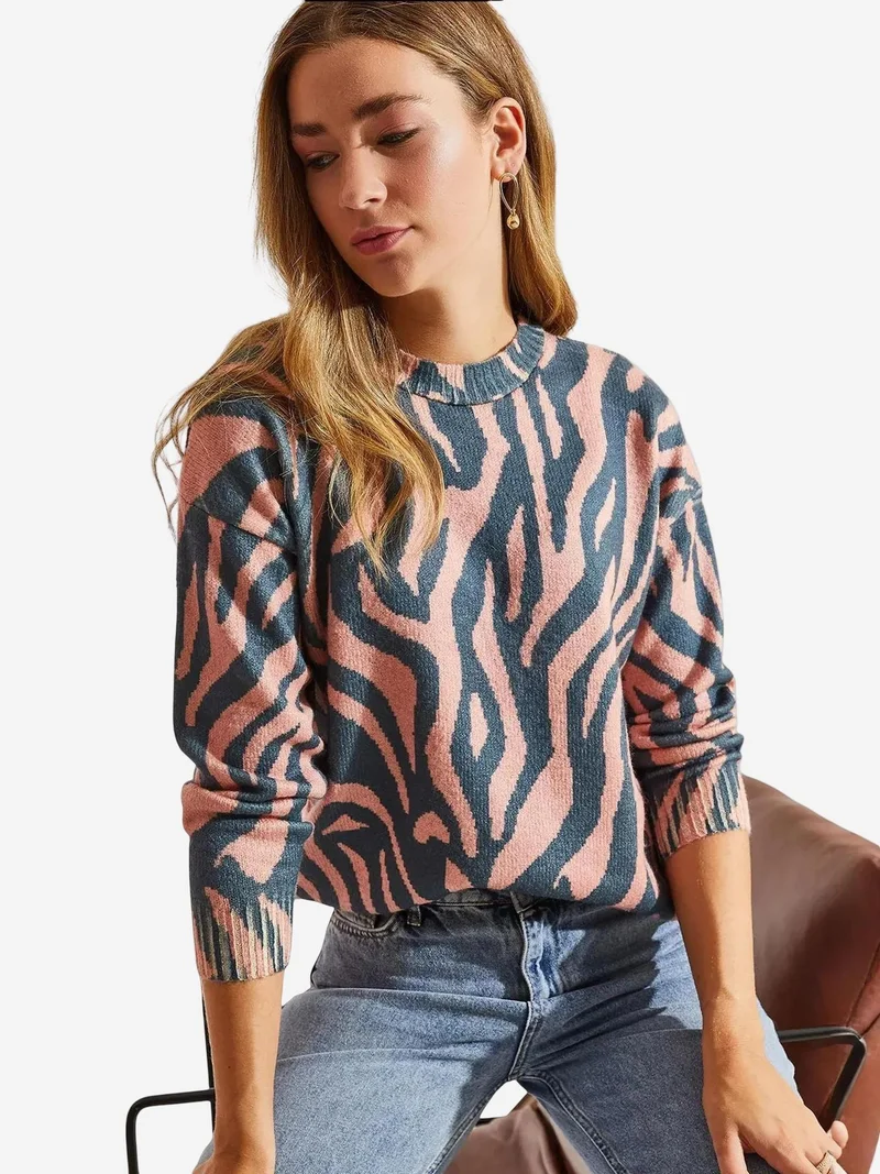 Bianco Lucci LUCCI Pattern Knit Sweater with Crew Neck