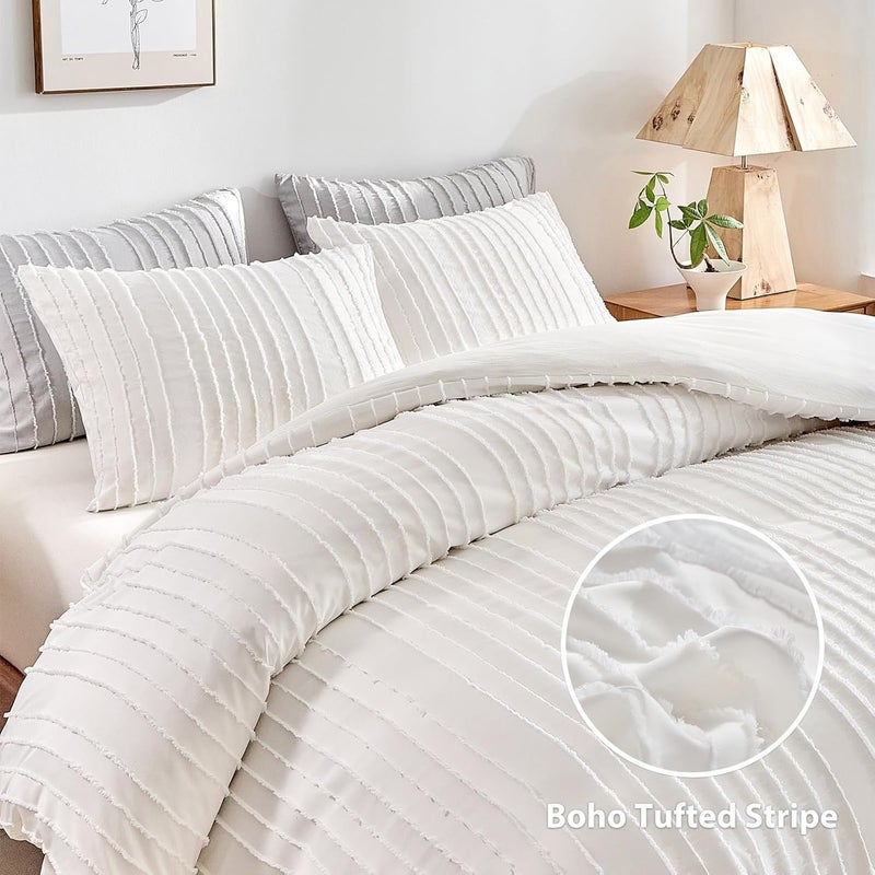 WARMDERN White Boho Duvet Cover Set King Size, Striped Textured Duvet Cover Tufted Bedding Set, 3 Pcs Ultra Soft Washed Microfiber Duvet Cover with Zipper Closure (King, White) - Image 2