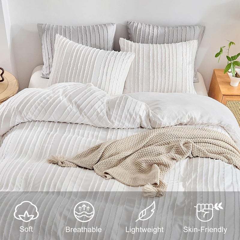 WARMDERN White Boho Duvet Cover Set King Size, Striped Textured Duvet Cover Tufted Bedding Set, 3 Pcs Ultra Soft Washed Microfiber Duvet Cover with Zipper Closure (King, White) - Image 3