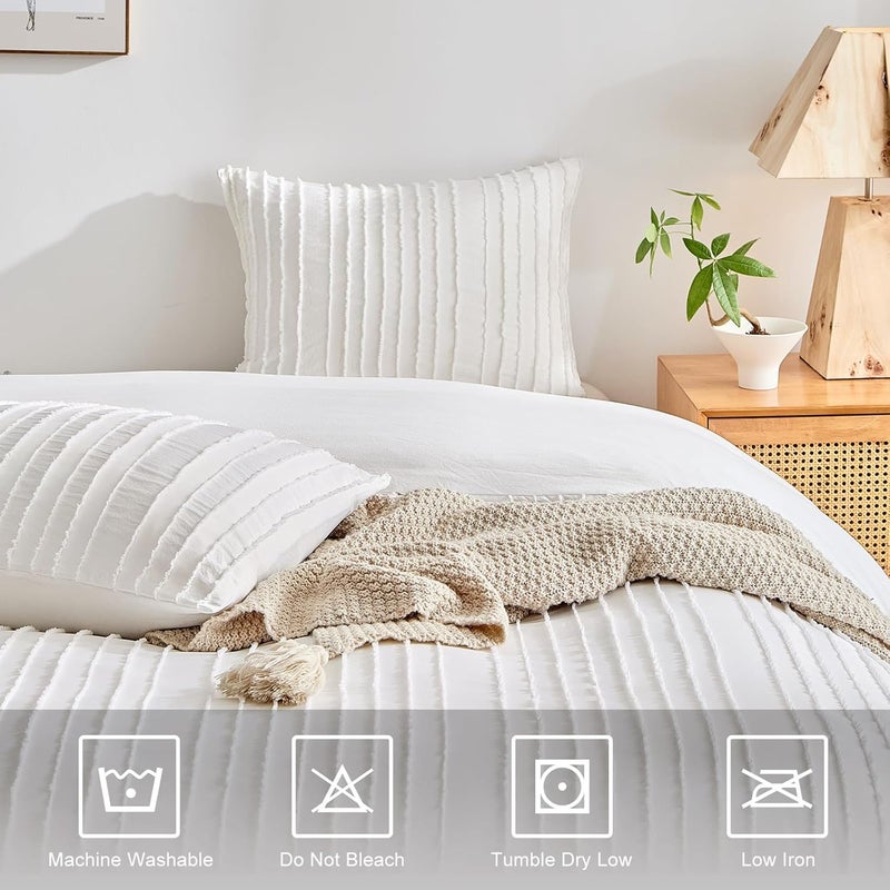 WARMDERN White Boho Duvet Cover Set King Size, Striped Textured Duvet Cover Tufted Bedding Set, 3 Pcs Ultra Soft Washed Microfiber Duvet Cover with Zipper Closure (King, White) - Image 4