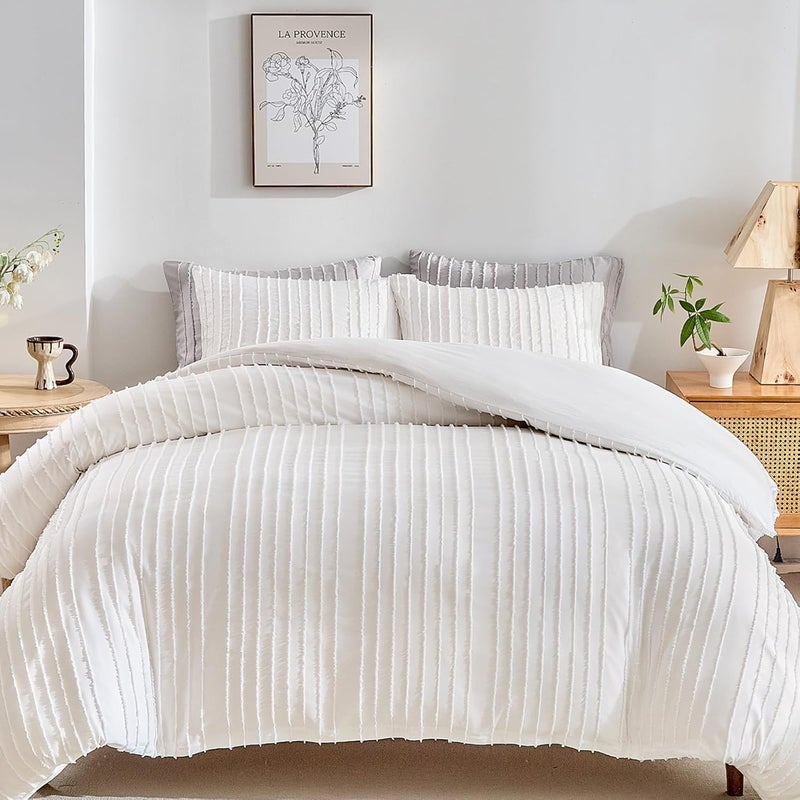 WARMDERN White Boho Duvet Cover Set King Size, Striped Textured Duvet Cover Tufted Bedding Set, 3 Pcs Ultra Soft Washed Microfiber Duvet Cover with Zipper Closure (King, White) - Image 1