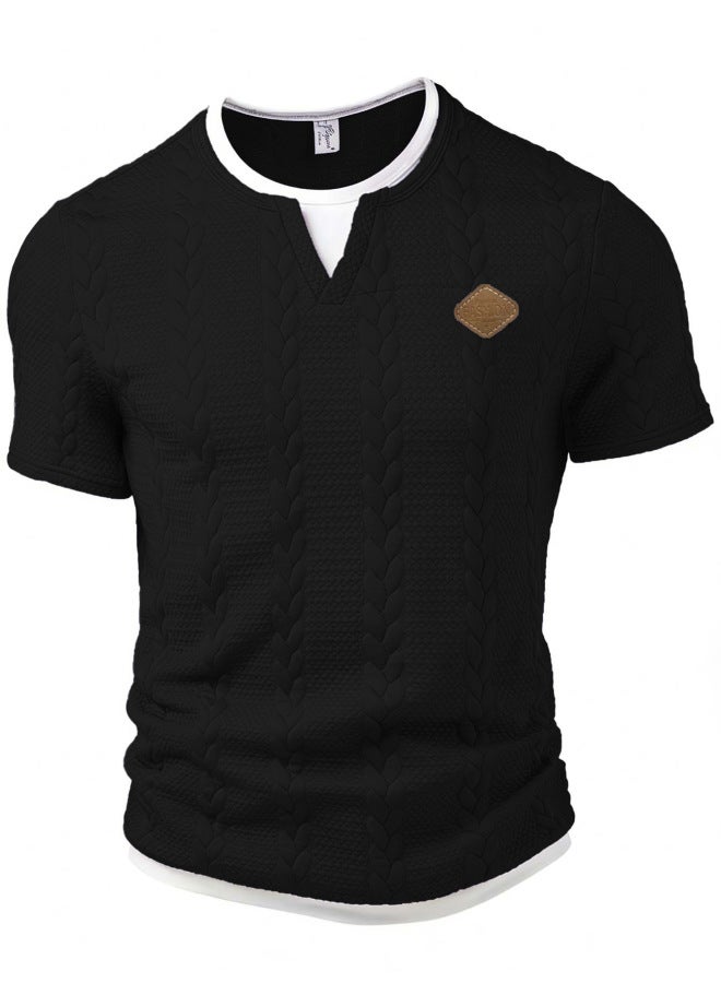 European And American Men's Textured Jacquard Fabric With Leather Logo Patch Logo Fake Two-piece Slim Fit Casual Short Sleeve T-shirt
