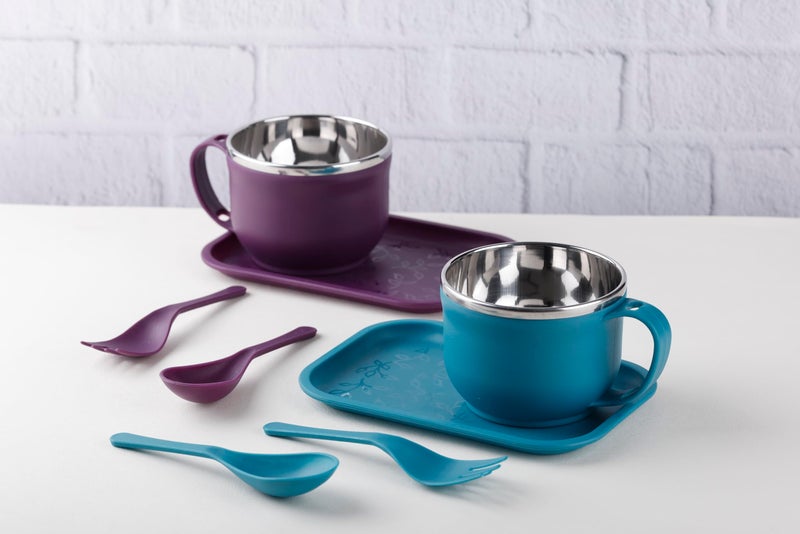Nestwell طقم وعاء حساء نودلز من الفولاذ المقاوم للصدأ Nestwell N-341 مع مقبض وملعقة وشوكة وصينية | 350 مل | متعدد الألوان | وعاء نودلز لماغي، باستا، أرز | حاوية طعام (أخضر شائع) - Image 3