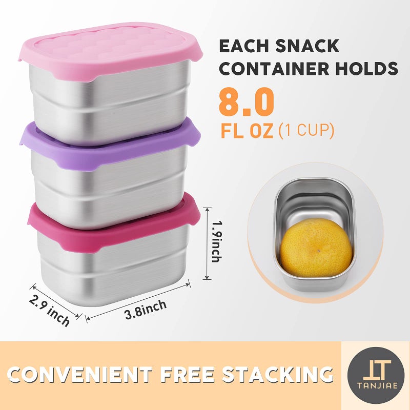 Tanjiae Small (1 CUP) Stainless Steel Snack Containers for Kids | Easy Open Leak Proof Food Containers with Silicone Lids - Perfect Metal Toddler Lunch Box for Daycare and School (8oz) - Image 3