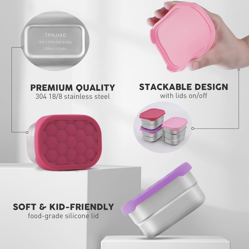 Tanjiae Small (1 CUP) Stainless Steel Snack Containers for Kids | Easy Open Leak Proof Food Containers with Silicone Lids - Perfect Metal Toddler Lunch Box for Daycare and School (8oz) - Image 4