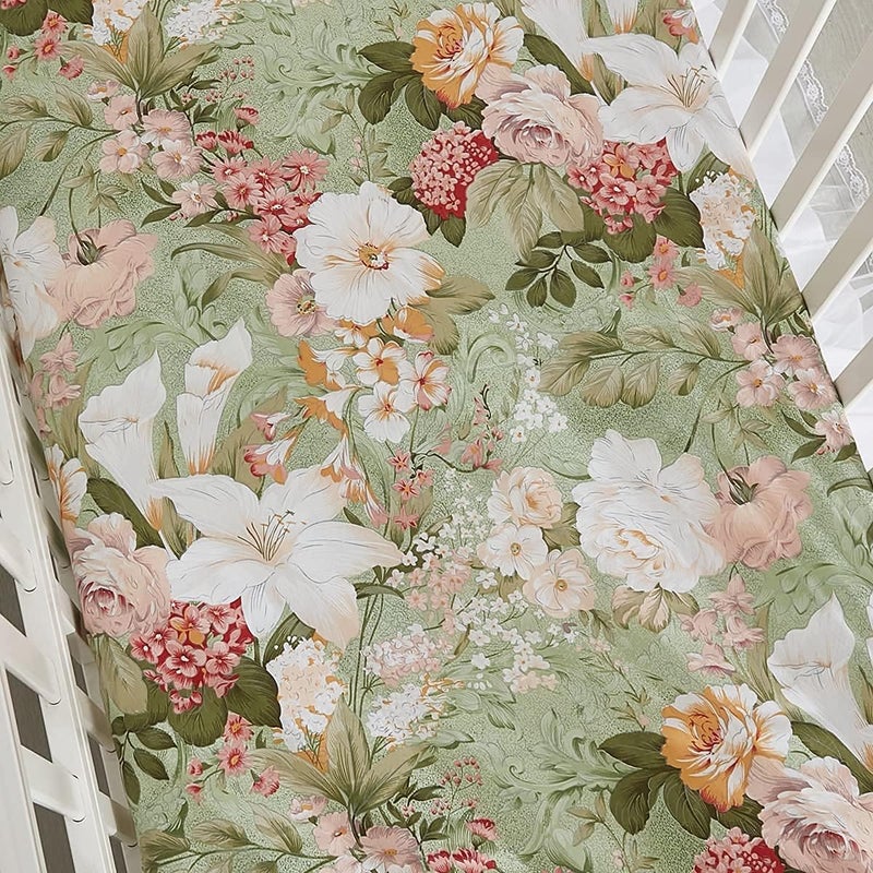 Brandream Luxury Softer Thicker Crib Sheets Set 100 Organic Cotton Lilium Rose Floral Printed Toddler Sheets for Baby Girls Breathable Comfy Durable 28x52  Sage Green Ivory Blush Pink Yellow - Image 4