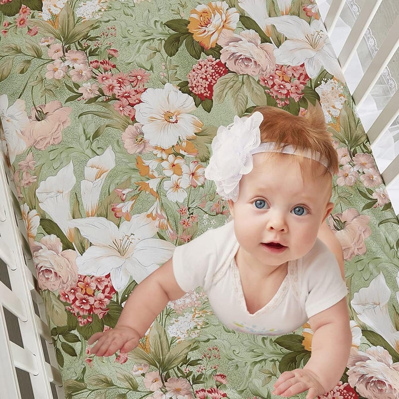 Brandream Luxury Softer Thicker Crib Sheets Set 100 Organic Cotton Lilium Rose Floral Printed Toddler Sheets for Baby Girls Breathable Comfy Durable 28x52  Sage Green Ivory Blush Pink Yellow - Image 1