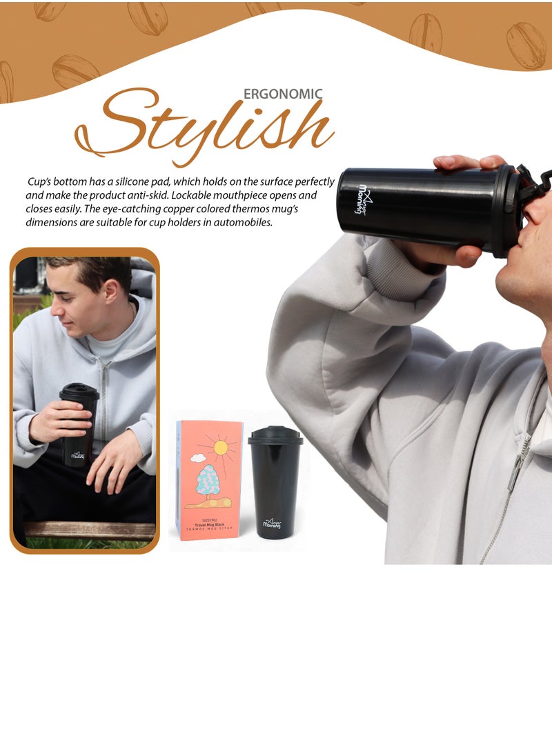 Any Morning Travel Coffee Mug 450ml/500ml, Stainless Steel Coffee Tumbler, Leakproof Travel Coffee Cup, Spillproof Travel Mugs for Hot and Cold Beverage, 15 oz, Black - SI231905  - Image 5