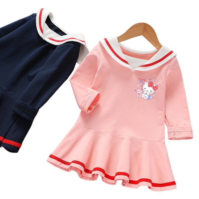 Women'S Children'S Dress Summer Pleated Korean Style Baby Western Style Short Sleeve Academy Style Skirt Navy Style Princess Skirt - Image 4