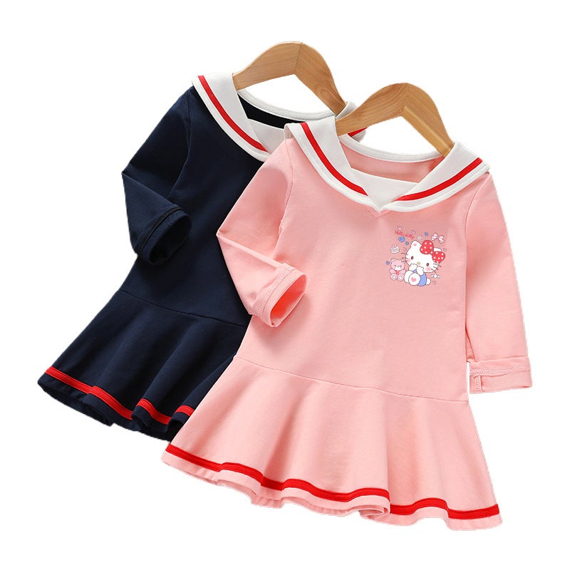 Women'S Children'S Dress Summer Pleated Korean Style Baby Western Style Short Sleeve Academy Style Skirt Navy Style Princess Skirt - Image 3