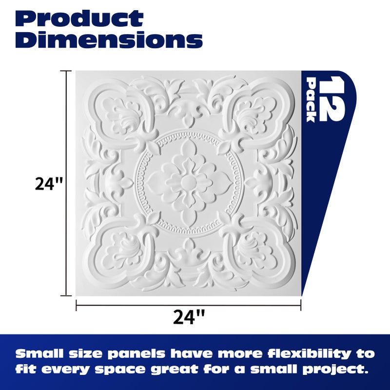 Art3dwallpanels 12 Pack Drop Ceiling Tiles, 24 x 24 Inch High Grade PVC 3D Wall Panels Vintage Flower Pattern for Interior Wall Decor, Fire Rated, Waterproof, White - Image 2