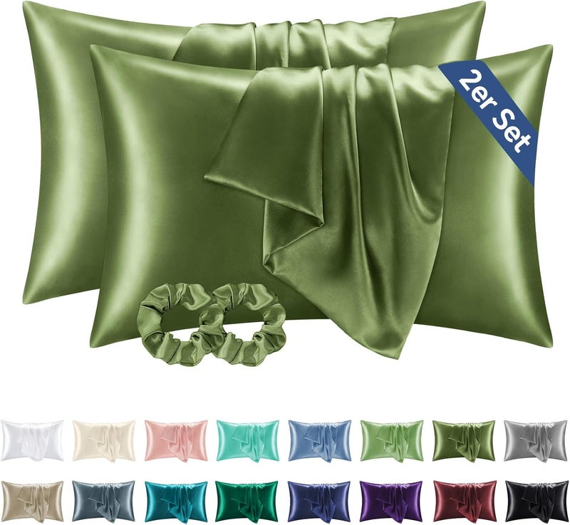 BEDELITE Satin Cushion Cover, Set of 2, 40 x 60 cm, Olive Green | Silk Pillowcase Alternative, Soft for Summer, 2 Hair Bobbles Included, for Hair and Skin - Image 1