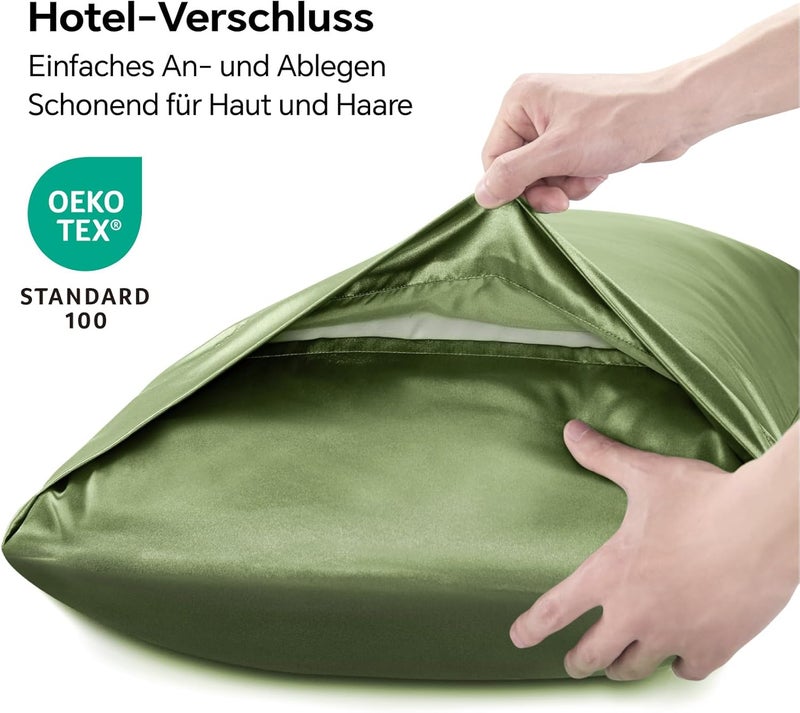BEDELITE Satin Cushion Cover, Set of 2, 40 x 60 cm, Olive Green | Silk Pillowcase Alternative, Soft for Summer, 2 Hair Bobbles Included, for Hair and Skin - Image 2