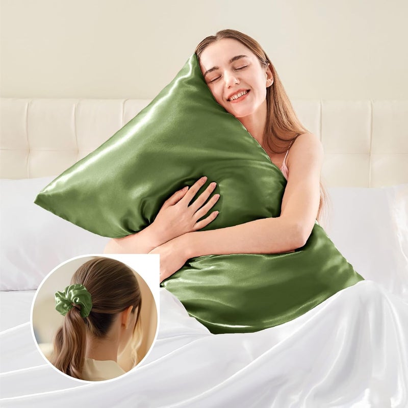 BEDELITE Satin Cushion Cover, Set of 2, 40 x 60 cm, Olive Green | Silk Pillowcase Alternative, Soft for Summer, 2 Hair Bobbles Included, for Hair and Skin - Image 5