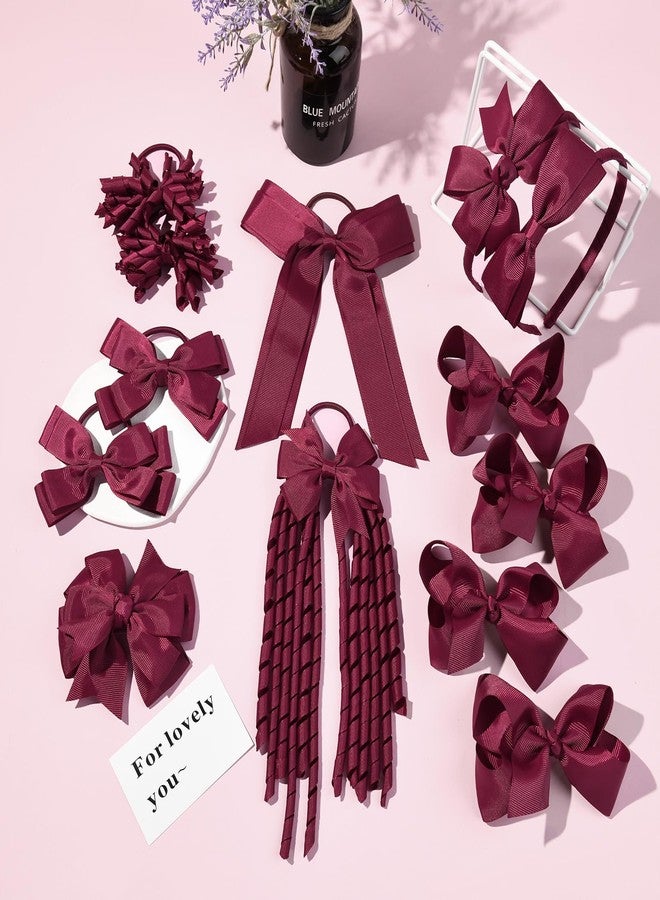 DEEKA Burgundy School Hair Accessories Set 13 Pcs Uniform Hair Bow Headband Clips Hair Ties Curly Korker Bows for Little Toddler School Girls (Burgundy) - Image 4